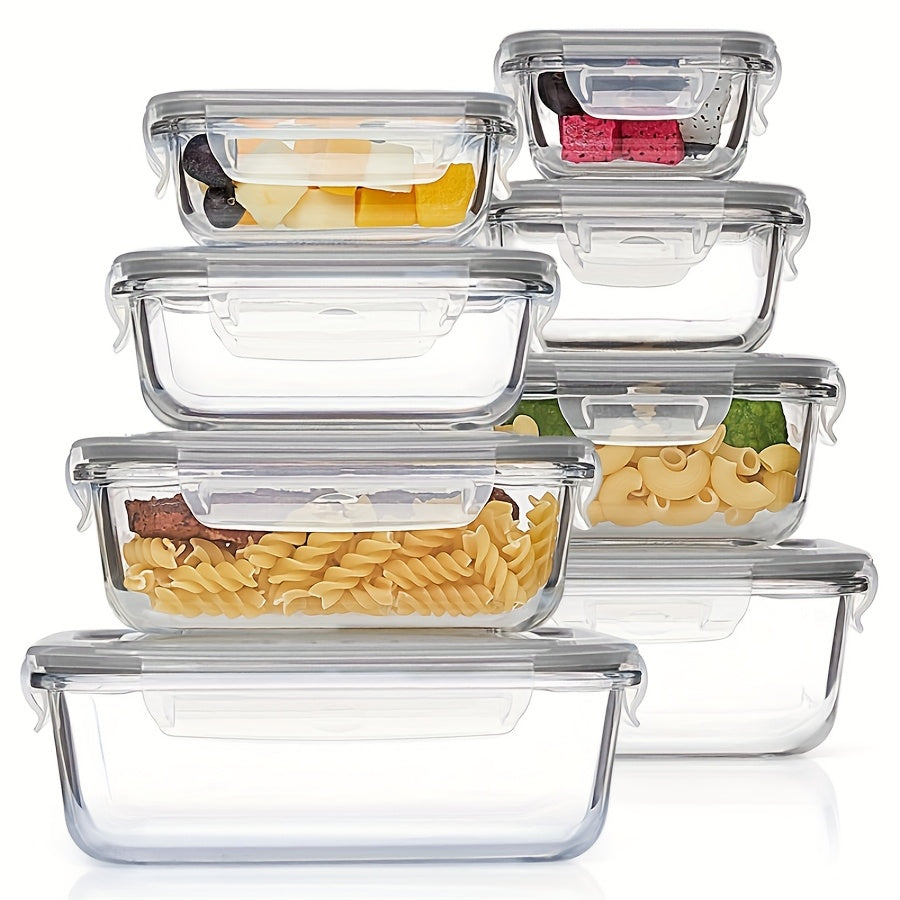 8pcs Borosilicate Glass Food Storage Containers with Leak-Proof Lids - Microwave, Oven & Dishwasher Safe, BPA-Free Stackable Rectangular Lunch Boxes for Leftovers, RV & Camping, Food Storage Organizer, Microwave Safe Containers, Secure Flip Lid Design,