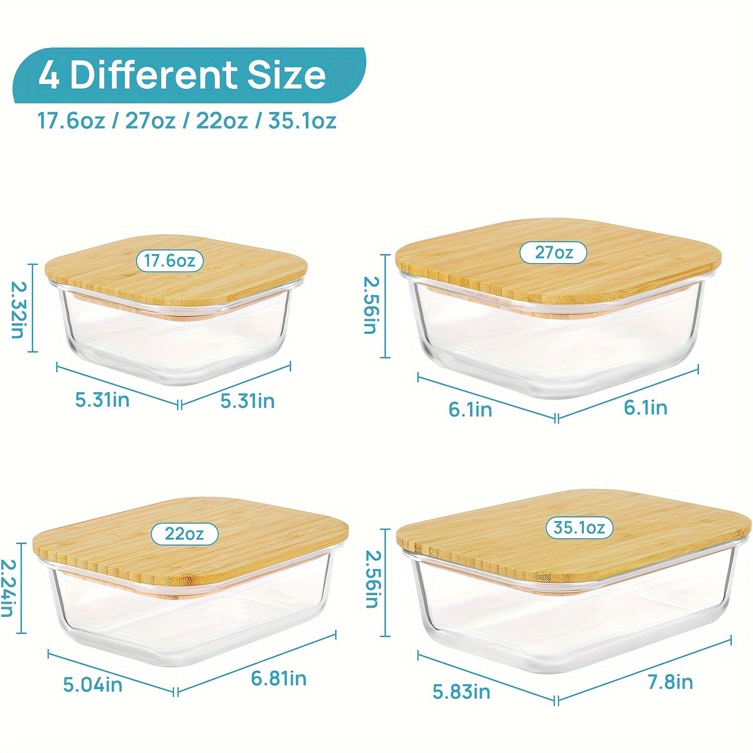 4pcs BPA-Free Glass Food Storage Containers with Bamboo Lids – Microwave, Oven, Freezer & Dishwasher Safe, Stackable for Space-Saving Kitchen Organization, Perfect for Meal Prep, Bento, and Leftovers, Food Storage Organizer
