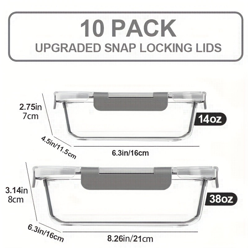 10pcs Glass Meal Preparation Container With Lid - Food Storage Container With Snap-lock Lid, Airtight Lunch Container, Microwave, Oven, Refrigerator And Dishwasher