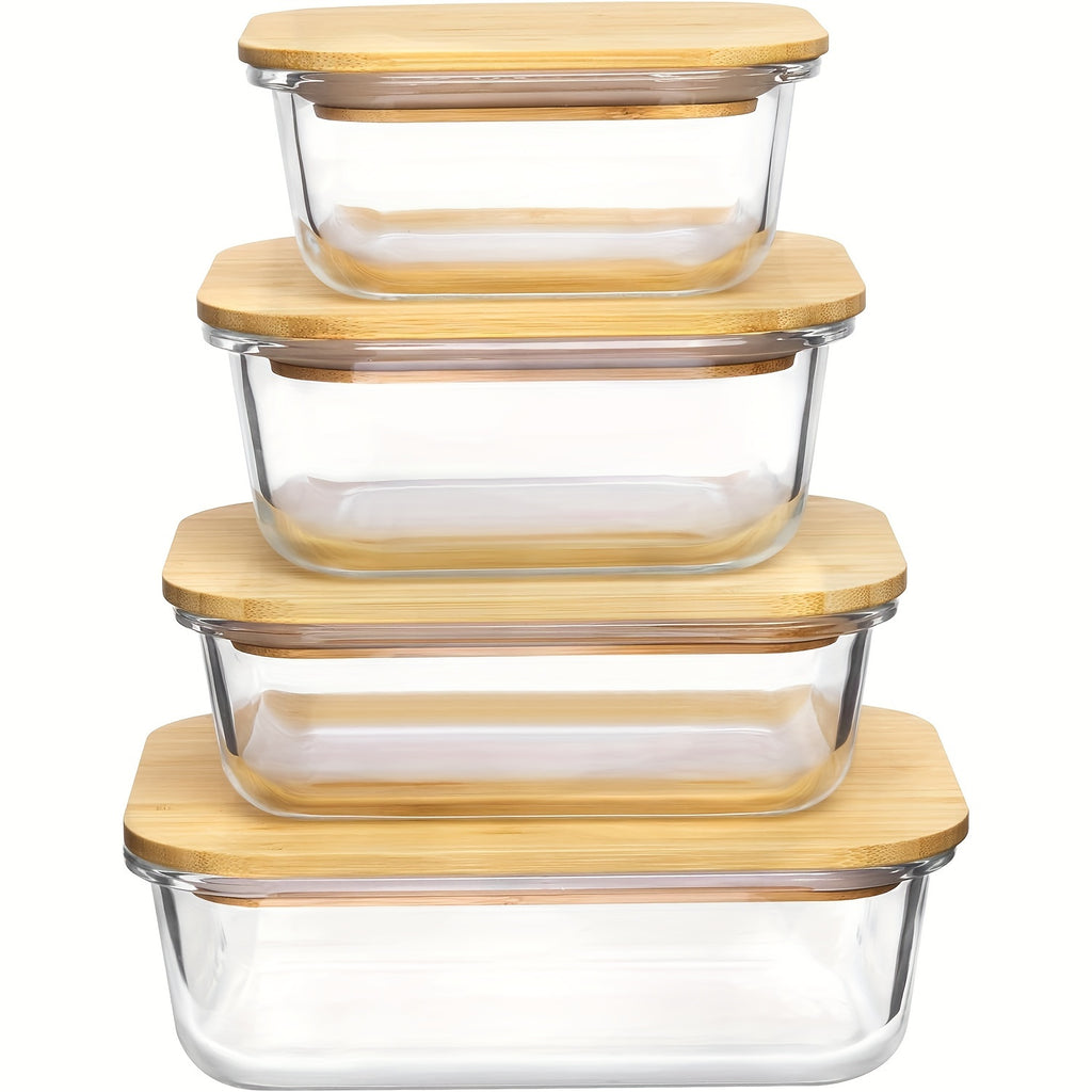4pcs BPA-Free Glass Food Storage Containers with Bamboo Lids – Microwave, Oven, Freezer & Dishwasher Safe, Stackable for Space-Saving Kitchen Organization, Perfect for Meal Prep, Bento, and Leftovers, Food Storage Organizer