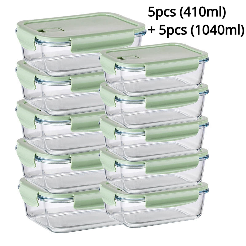 [Leak Proof, Glass Lunch Boxes] 20pcs Leak Proof Glass Lunch Boxes with Airtight Lids | 10 Sets, Microwave & Oven Safe, Food-Grade Borosilicate Glass, Stackable Bento Storage Containers for Refrigerator & Pantry Organization