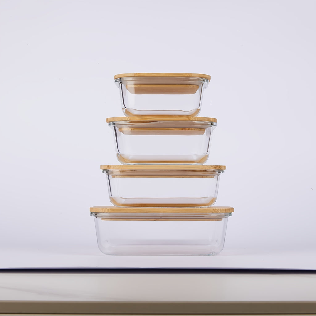 4-Pack Glass Food Storage Containers with Bamboo Lids - Microwave, Oven, Freezer, Dishwasher Safe - Stackable, Space-Saving Meal Prep Containers - 4 Sizes (35.1oz, 22oz, 27oz, 17.6oz) - BPA-Free, Leakproof for Lunch, Leftovers, Kitchen & Office - Glass