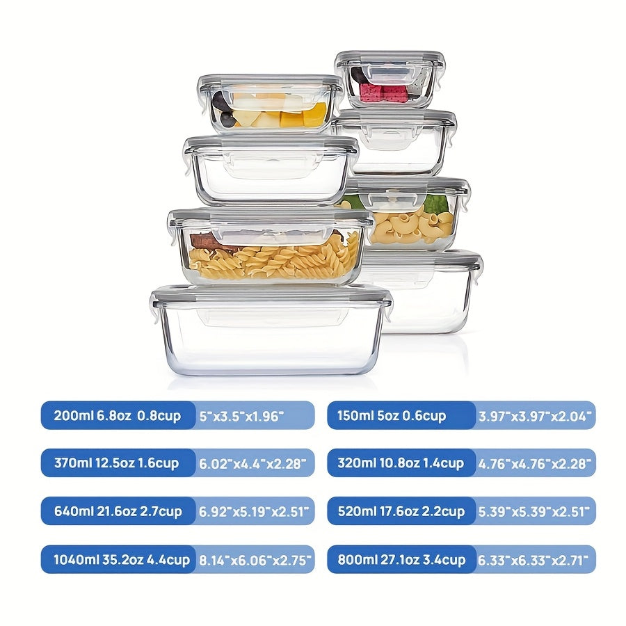 8pcs Borosilicate Glass Food Storage Containers with Leak-Proof Lids - Microwave, Oven & Dishwasher Safe, BPA-Free Stackable Rectangular Lunch Boxes for Leftovers, RV & Camping, Food Storage Organizer, Microwave Safe Containers, Secure Flip Lid Design,