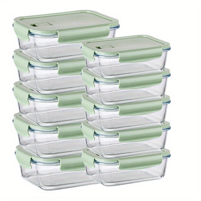 [Leak Proof, Glass Lunch Boxes] 20pcs Leak Proof Glass Lunch Boxes with Airtight Lids | 10 Sets, Microwave & Oven Safe, Food-Grade Borosilicate Glass, Stackable Bento Storage Containers for Refrigerator & Pantry Organization