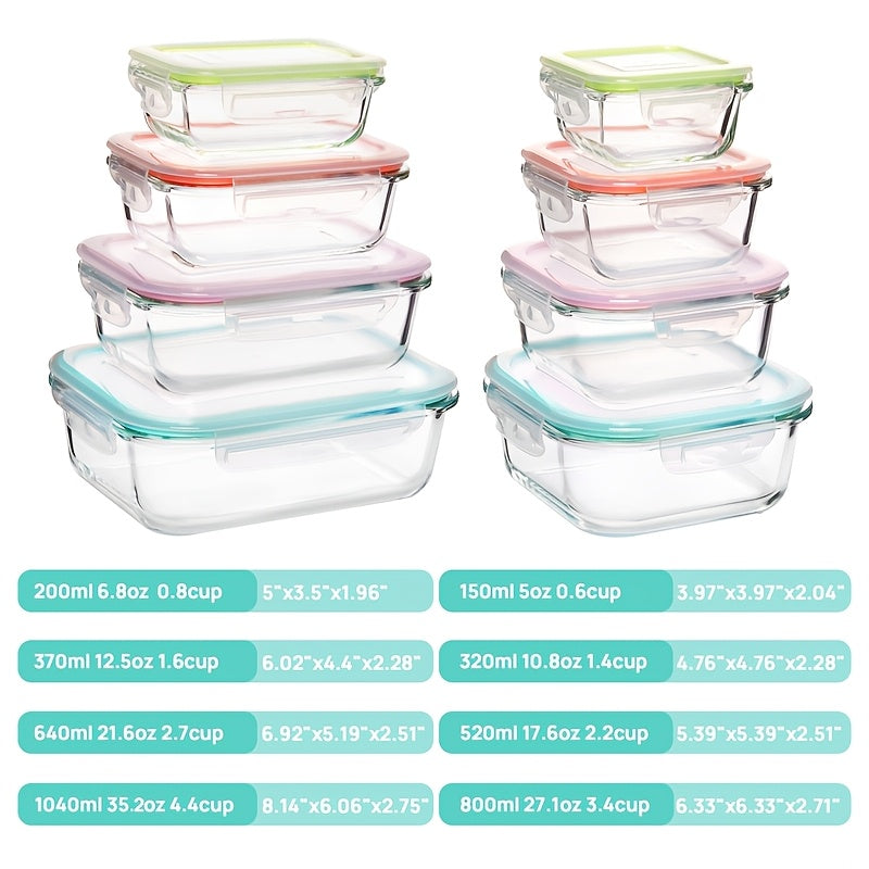 8pcs Glass Food Storage Container, Meal Preparation, Sealed Bento Box With Leak Proof Locking Lid, Used For Microwave Ovens, Ovens, Freezers, And Dishwashers, BPA Free.
