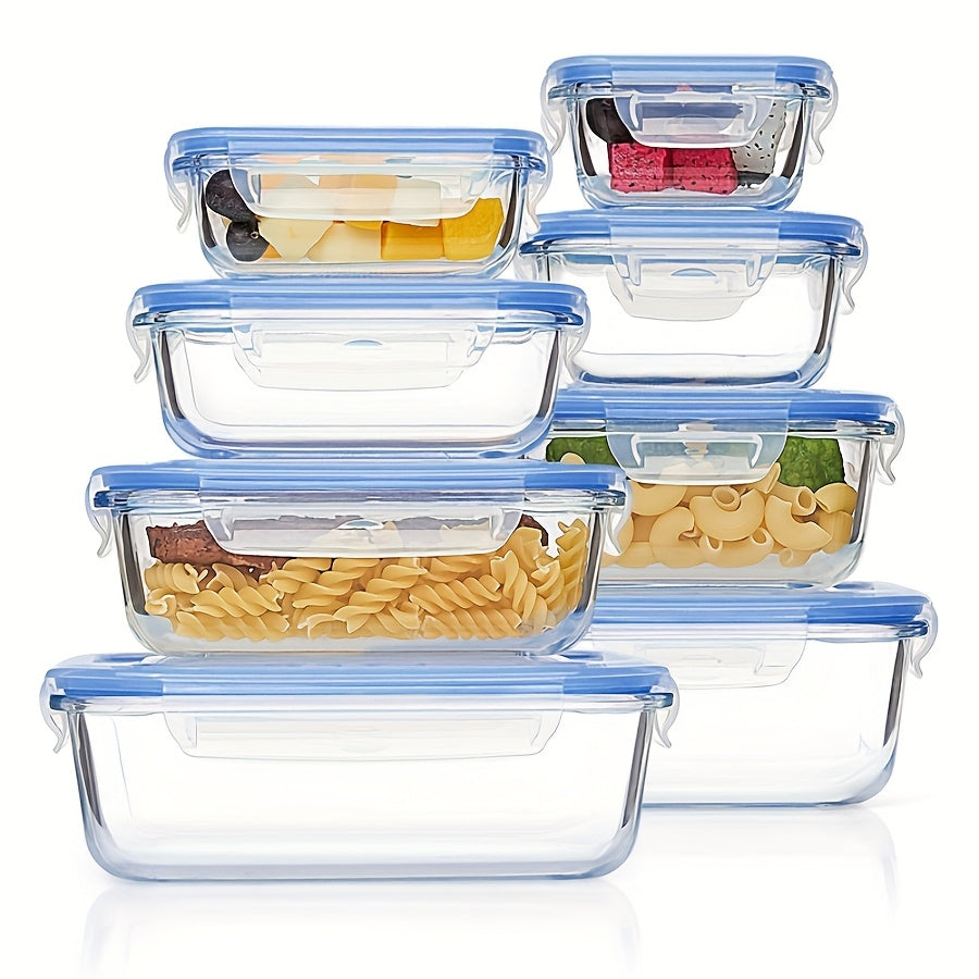 8pcs Borosilicate Glass Food Storage Containers with Leak-Proof Lids - Microwave, Oven & Dishwasher Safe, BPA-Free Stackable Rectangular Lunch Boxes for Leftovers, RV & Camping, Food Storage Organizer, Microwave Safe Containers, Secure Flip Lid Design,