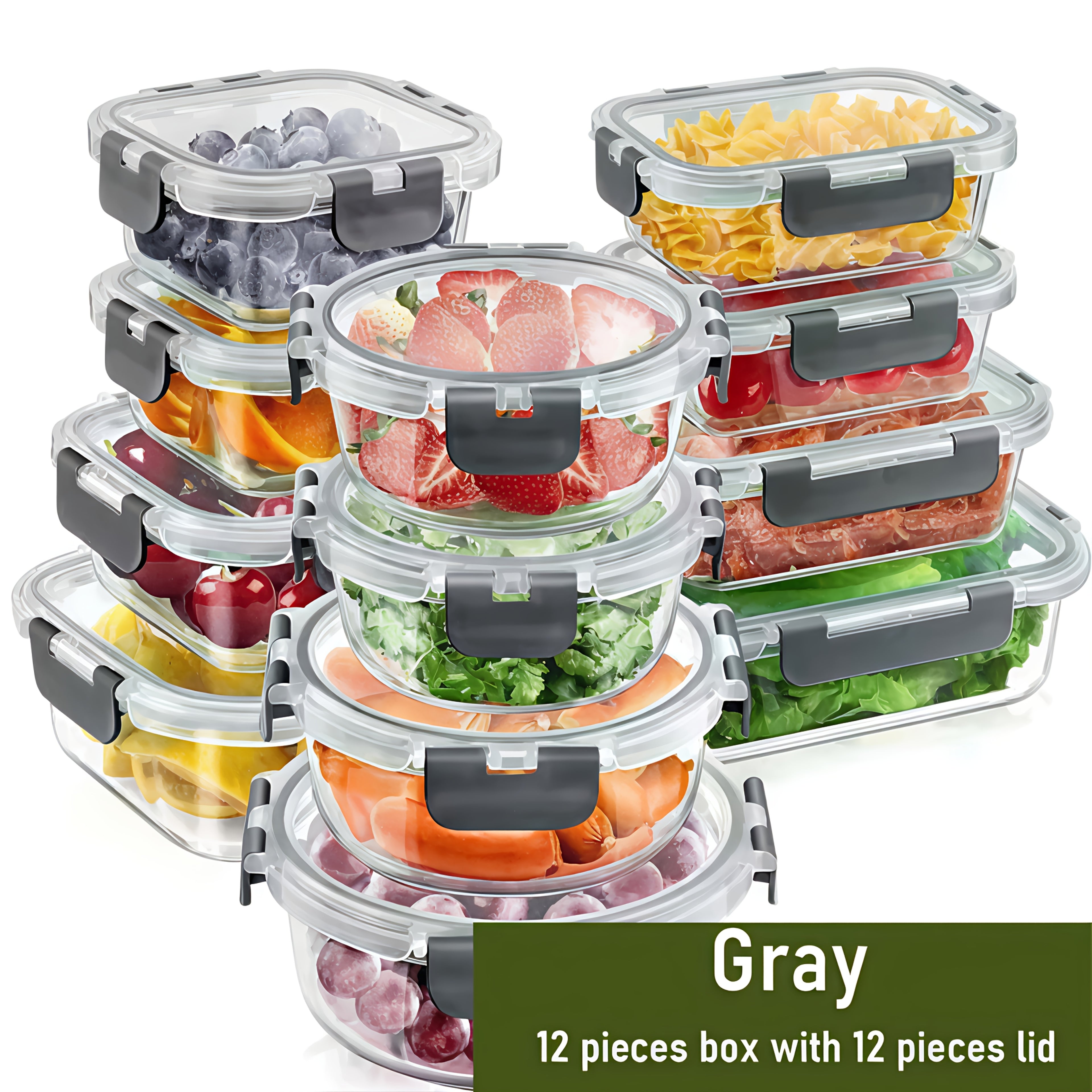 12pcs Glass Food Storage Container Set With Airtight Seal For Refrigerator; Reusable Food Storage Boxes, Portable And Stackable Food Sealers For Meat, Eggs Fruit And Vegetables, Kitchen Storage Boxes And Storage, Kitchen Accessories