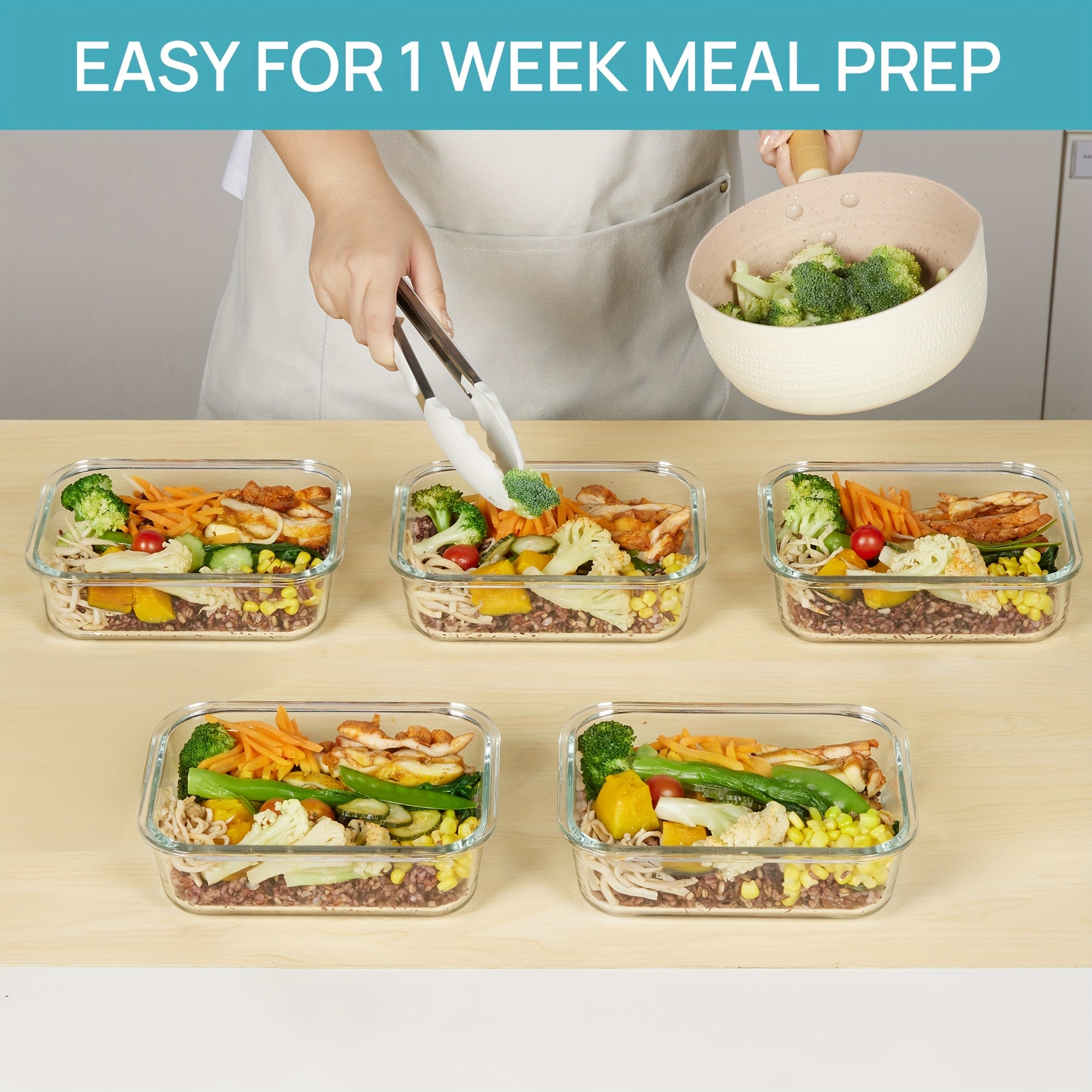 Vtopmart 5 Pack 35oz Glass Food Storage Containers With Lids, Fresh Container, Airtight Reusable Meal Prep Lunch Container Set, Safe For Oven, Microwave, Freezer, And Dishwasher