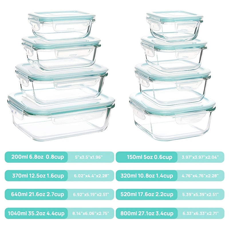 8pcs Glass Food Storage Container, Meal Preparation, Sealed Bento Box With Leak Proof Locking Lid, Used For Microwave Ovens, Ovens, Freezers, And Dishwashers, BPA Free.