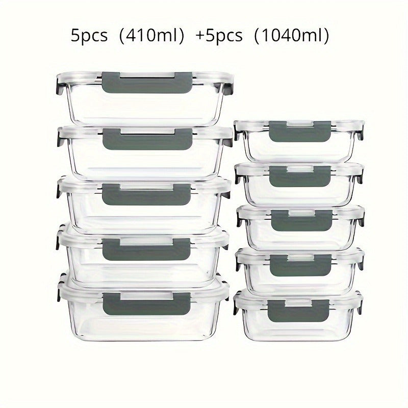 [Leak Proof, Glass Lunch Boxes] 20pcs Leak Proof Glass Lunch Boxes with Airtight Lids | 10 Sets, Microwave & Oven Safe, Food-Grade Borosilicate Glass, Stackable Bento Storage Containers for Refrigerator & Pantry Organization