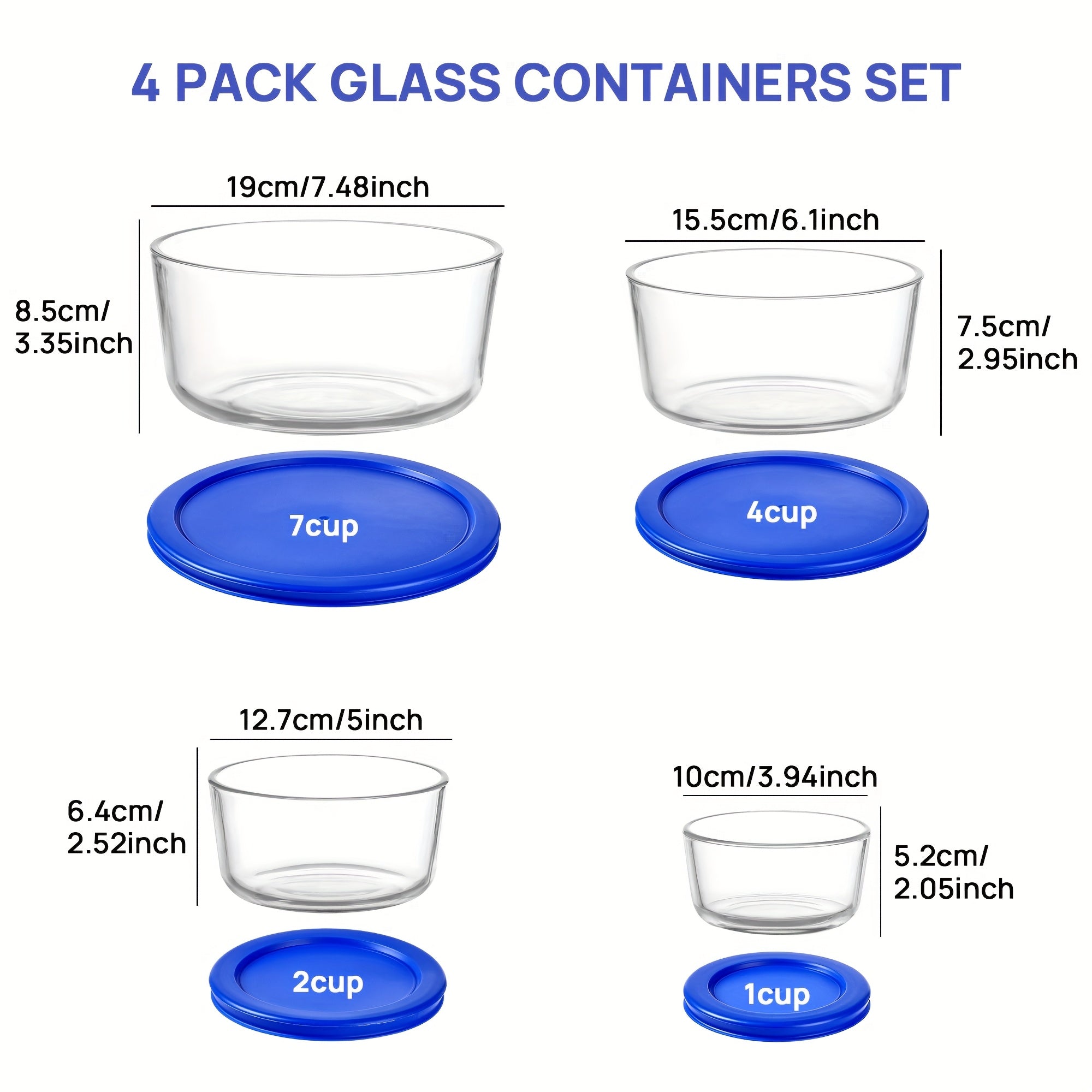 4-Pack Glass Bowls with Lids (1, 2, 4, 7 Cup) - BPA-Free Borosilicate Glass, Microwave/Dishwasher/Freezer Safe, Airtight Flip-Top Lids, Stackable Meal Prep Containers for Leftovers, Lunch & Food Storage, Bowls for Food, Sleek Kitchenware, Microwavesafe