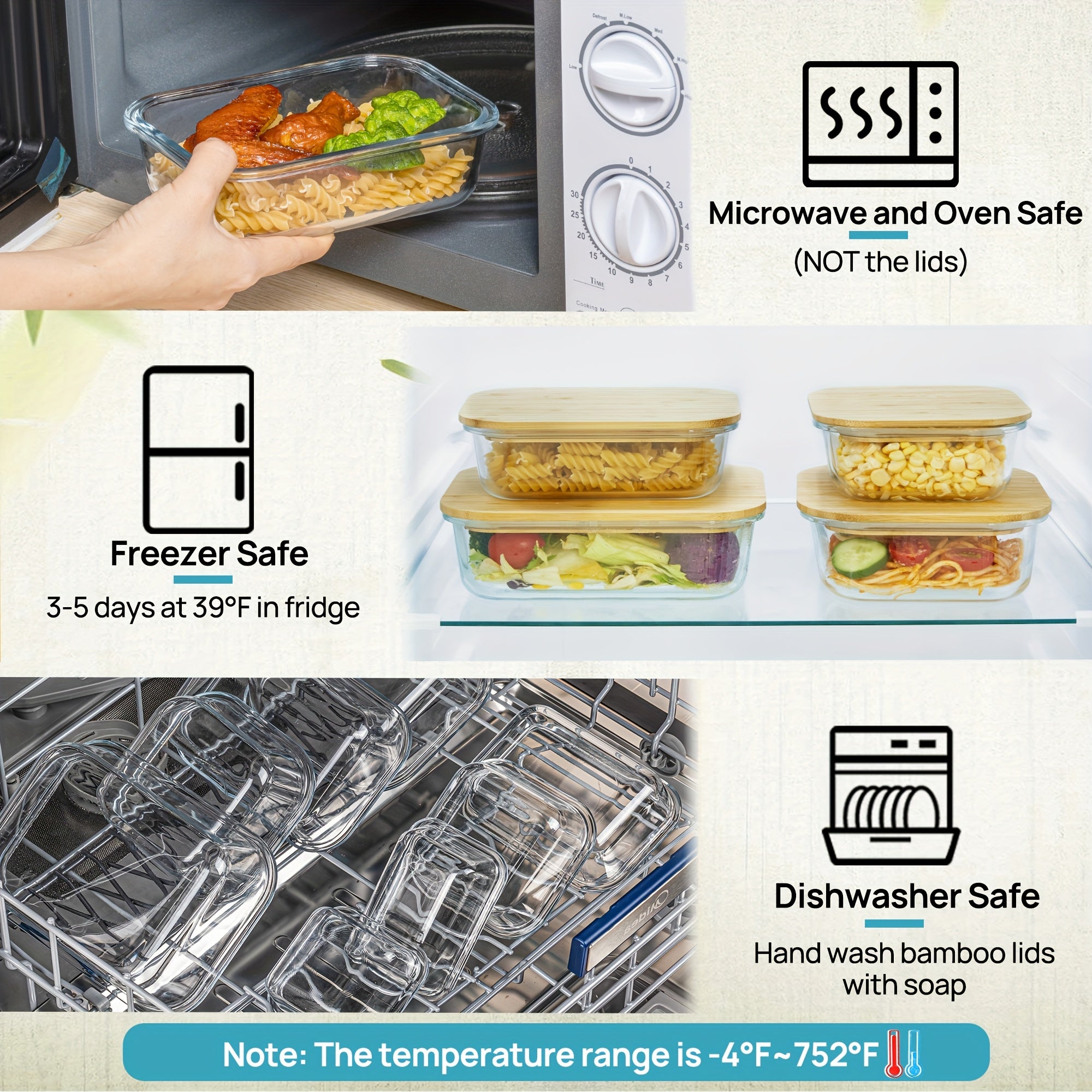 4-Pack Glass Food Storage Containers with Bamboo Lids - Microwave, Oven, Freezer, Dishwasher Safe - Stackable, Space-Saving Meal Prep Containers - 4 Sizes (35.1oz, 22oz, 27oz, 17.6oz) - BPA-Free, Leakproof for Lunch, Leftovers, Kitchen & Office - Glass