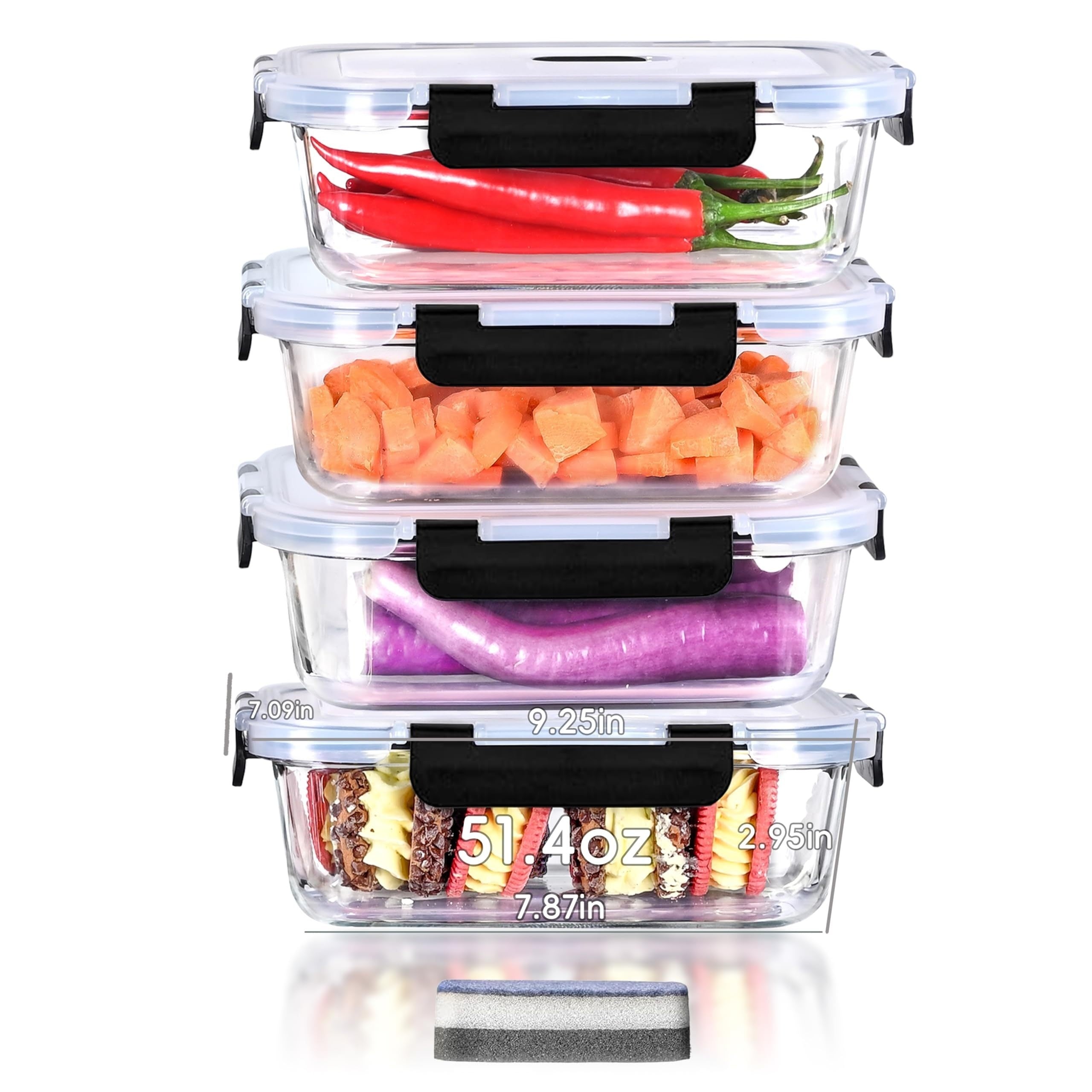 4-Piece Glass Container Set: 1520Ml, 51.4Oz, 6.4Cup - Microwave Safe, Bpa-Free, Reusable Food Containers with Secure Latches
