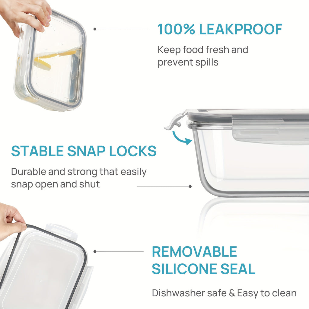 2 packs of 1860ml/ 63oz large glass storage containers with lids, pre meal food preparation container set with quick snap seal lid, used for baking, microwave, oven, leak proof, suitable for refrigerators, dishwashers