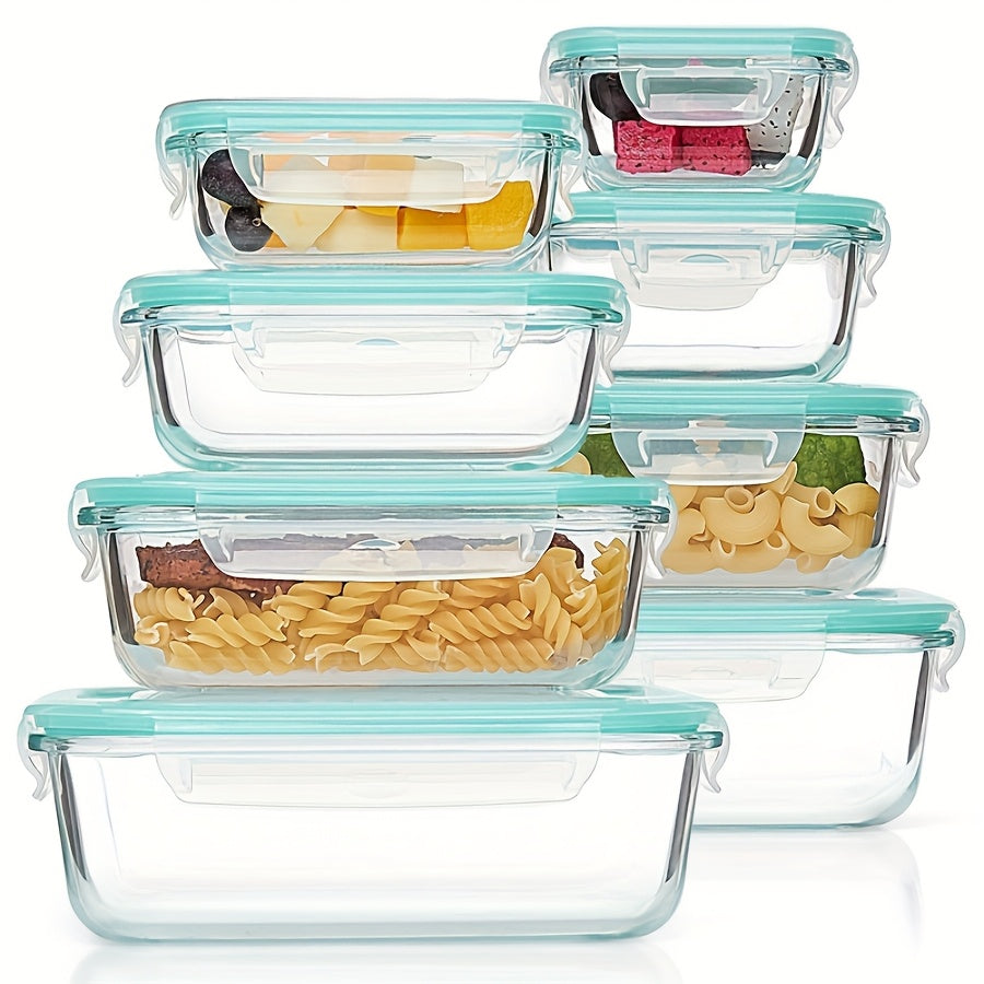8pcs Borosilicate Glass Food Storage Containers with Leak-Proof Lids - Microwave, Oven & Dishwasher Safe, BPA-Free Stackable Rectangular Lunch Boxes for Leftovers, RV & Camping, Food Storage Organizer, Microwave Safe Containers, Secure Flip Lid Design,