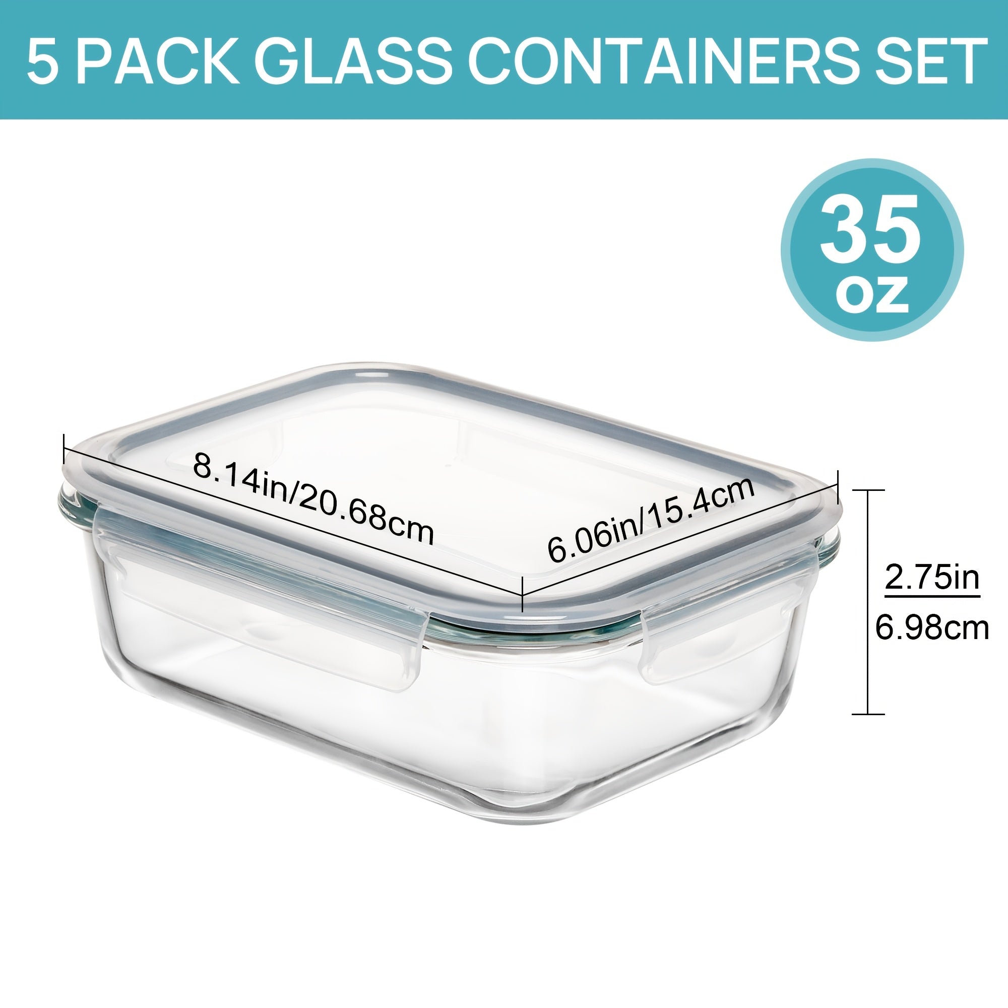 Vtopmart 5 Pack 35oz Glass Food Storage Containers With Lids, Fresh Container, Airtight Reusable Meal Prep Lunch Container Set, Safe For Oven, Microwave, Freezer, And Dishwasher