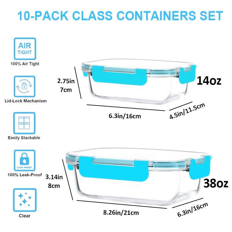 10pcs Food Storage Containers, Leak Proof And Reusable Glass Meal Prep Containers, Multi-Purpose Clear Food Storage Containers with Sealing Lids for Camping, Picnics, Schools And Offices, Kitchen Organizer And Storage, Kitchen Accessories