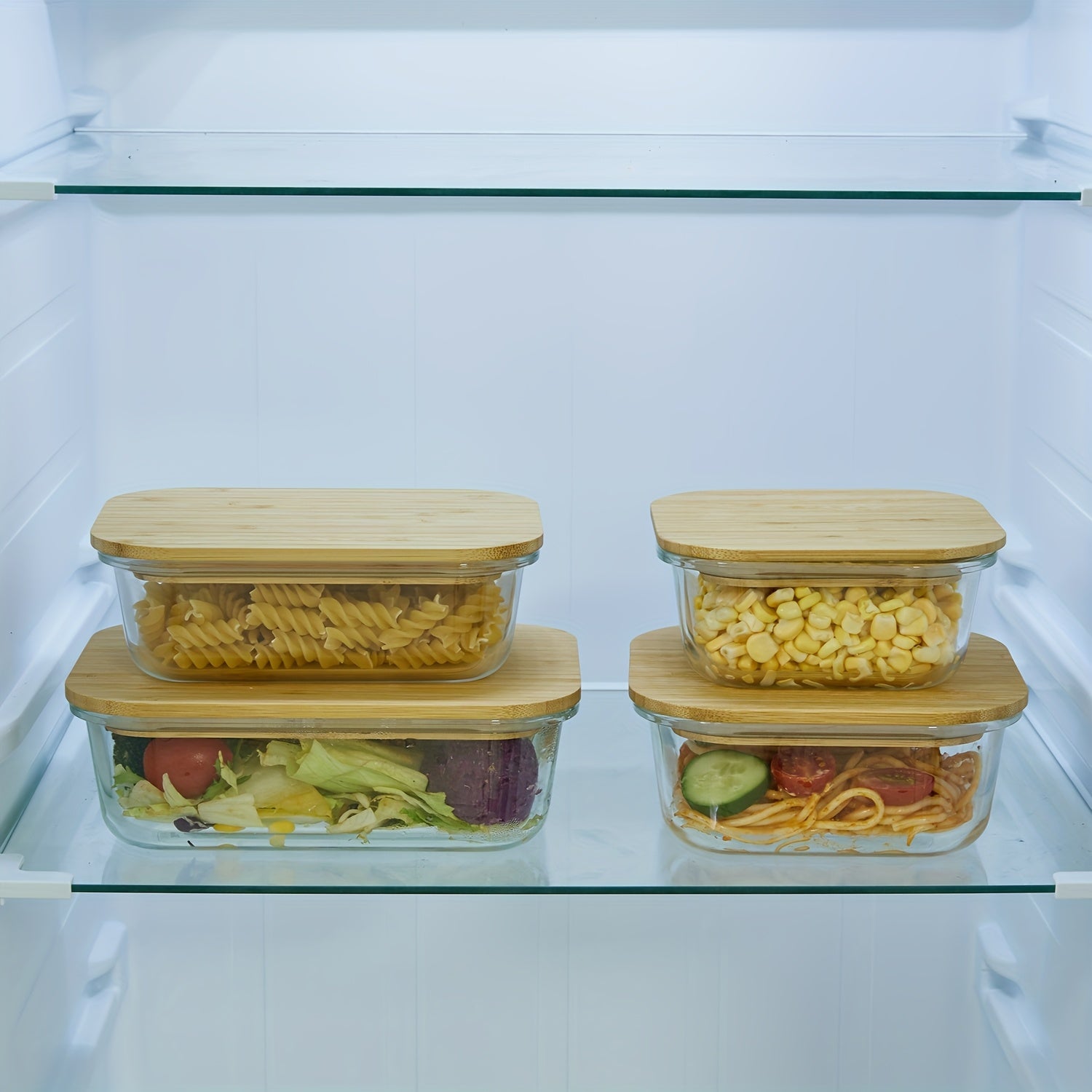 4-Pack Glass Food Storage Containers with Bamboo Lids - Microwave, Oven, Freezer, Dishwasher Safe - Stackable, Space-Saving Meal Prep Containers - 4 Sizes (35.1oz, 22oz, 27oz, 17.6oz) - BPA-Free, Leakproof for Lunch, Leftovers, Kitchen & Office - Glass