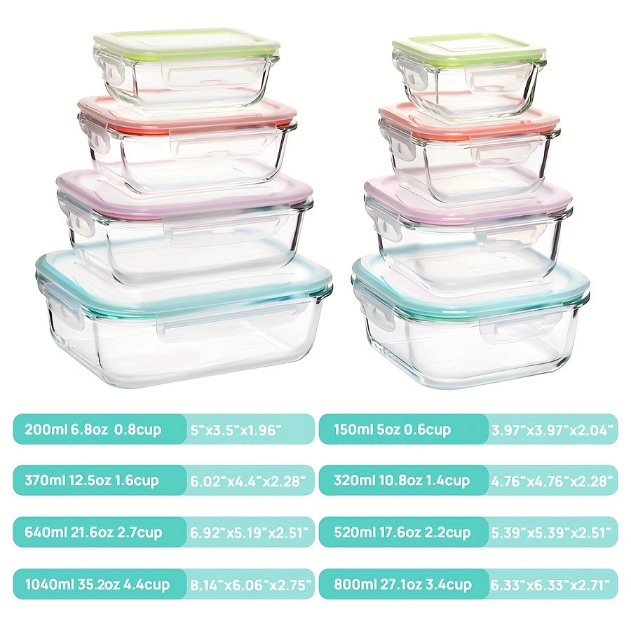 8pcs Borosilicate Glass Food Storage Containers with Leak-Proof Lids - Microwave, Oven & Dishwasher Safe, BPA-Free Stackable Rectangular Lunch Boxes for Leftovers, RV & Camping, Food Storage Organizer, Microwave Safe Containers, Secure Flip Lid Design,