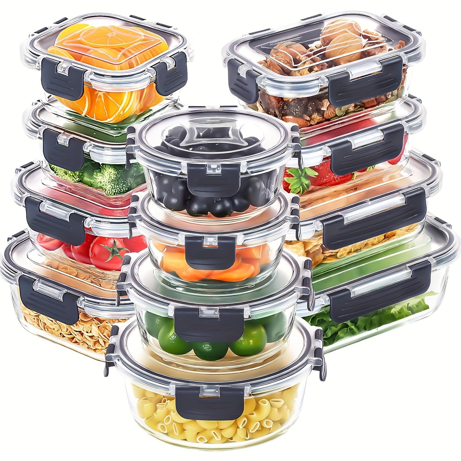 12pcs Glass Food Storage Container Set With Airtight Seal For Refrigerator; Reusable Food Storage Boxes, Portable And Stackable Food Sealers For Meat, Eggs Fruit And Vegetables, Kitchen Storage Boxes And Storage, Kitchen Accessories