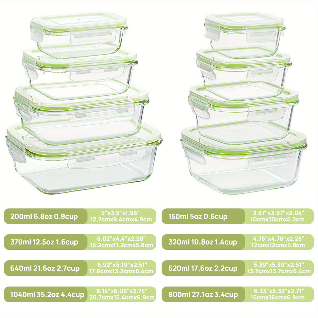 8 Pack Food & Dish Transport-Bus Tubs, Glass Food Storage Containers with Airtight Lids, Meal Prep Containers, Grass Green