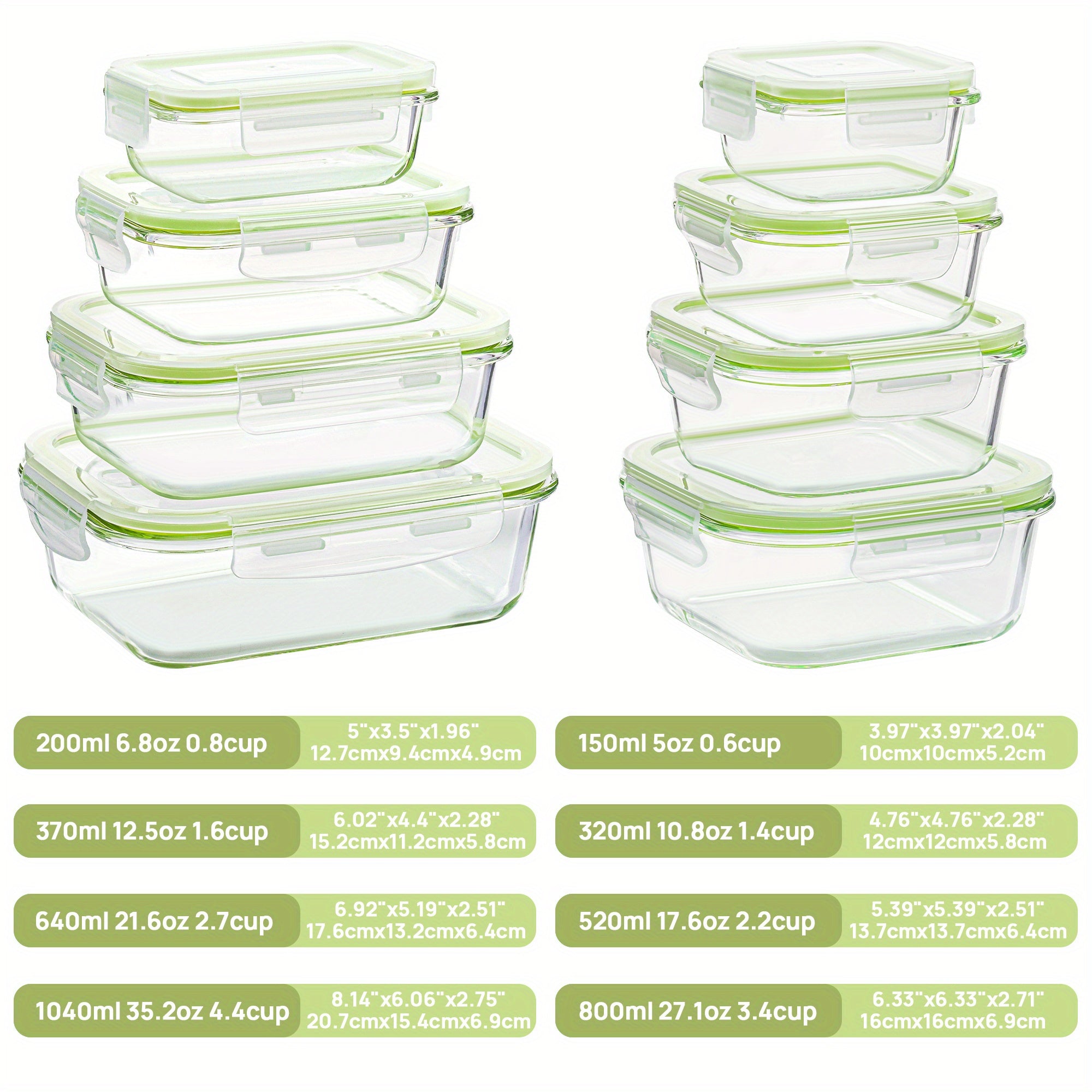 8 Pack Food & Dish Transport-Bus Tubs, Glass Food Storage Containers with Airtight Lids, Meal Prep Containers, Grass Green