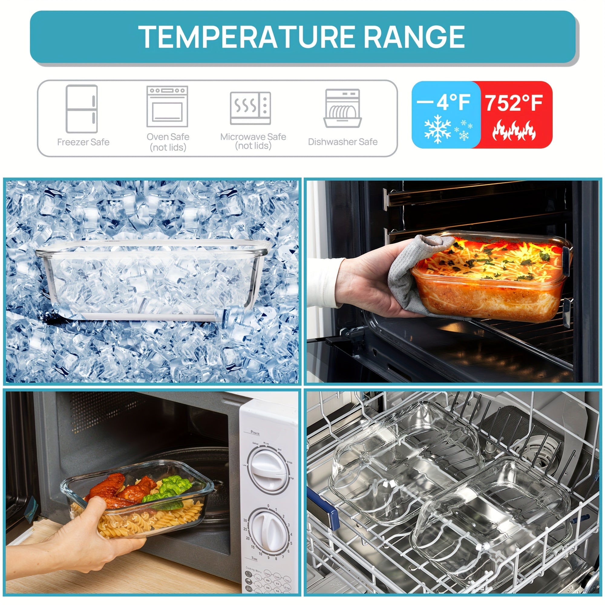 2 packs of 1860ml/ 63oz large glass storage containers with lids, pre meal food preparation container set with quick snap seal lid, used for baking, microwave, oven, leak proof, suitable for refrigerators, dishwashers