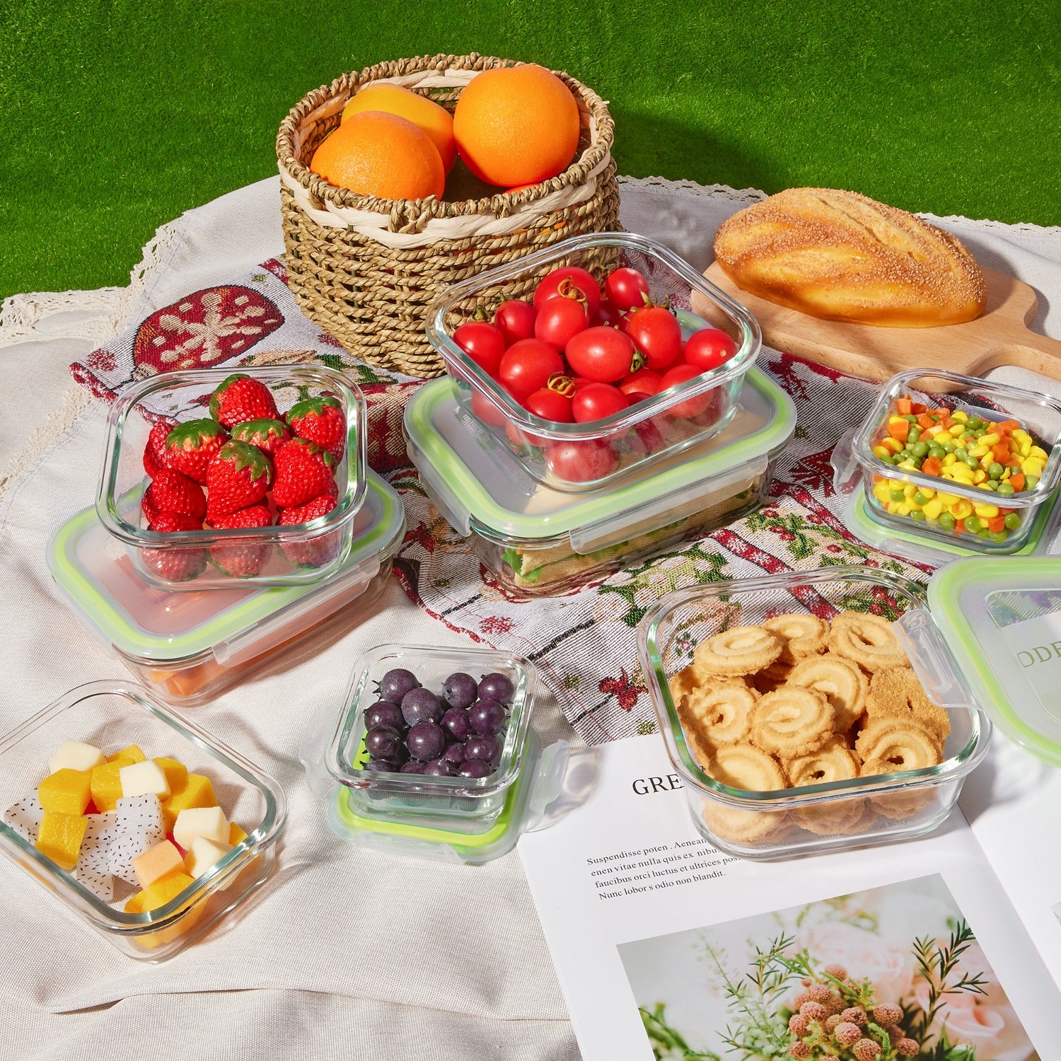 8 Pack Food & Dish Transport-Bus Tubs, Glass Food Storage Containers with Airtight Lids, Meal Prep Containers, Grass Green