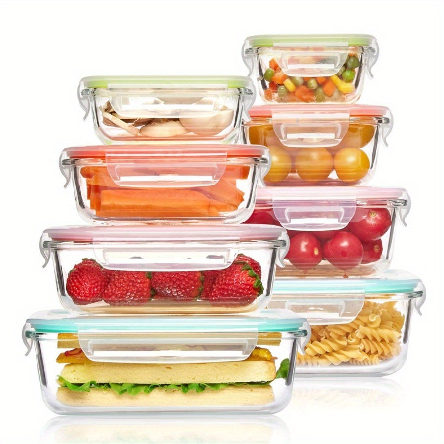 8pcs Borosilicate Glass Food Storage Containers with Leak-Proof Lids - Microwave, Oven & Dishwasher Safe, BPA-Free Stackable Rectangular Lunch Boxes for Leftovers, RV & Camping, Food Storage Organizer, Microwave Safe Containers, Secure Flip Lid Design,