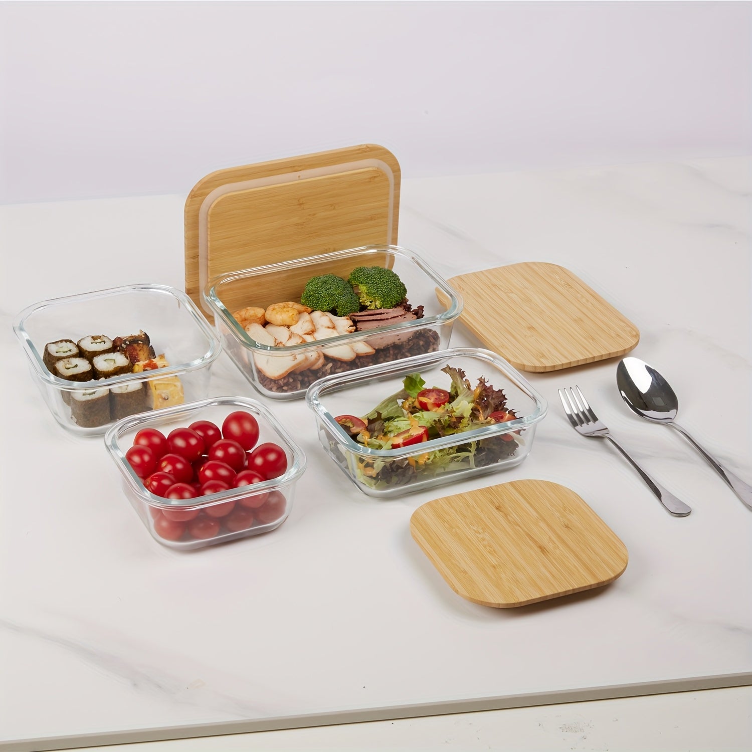 4-Pack Glass Food Storage Containers with Bamboo Lids - Microwave, Oven, Freezer, Dishwasher Safe - Stackable, Space-Saving Meal Prep Containers - 4 Sizes (35.1oz, 22oz, 27oz, 17.6oz) - BPA-Free, Leakproof for Lunch, Leftovers, Kitchen & Office - Glass