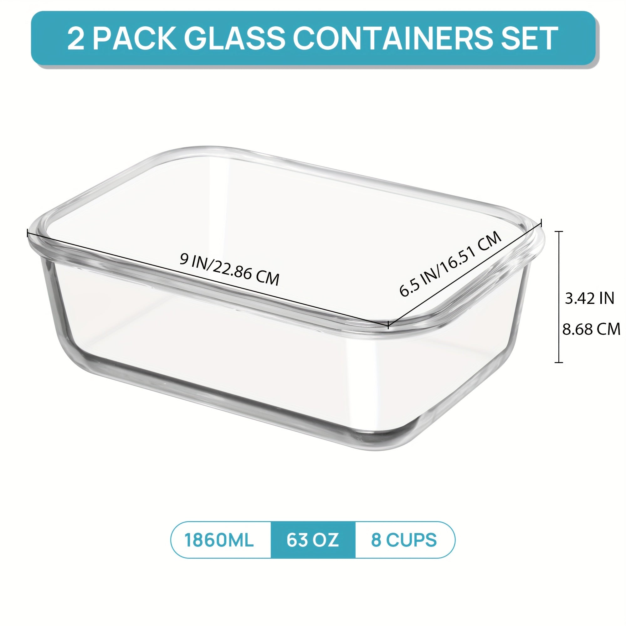 Vtopmart 2Pack 1860ml/ 63oz Large Glass Storage Containers With Lids, Meal Prep Food Container Set With Snap Airtight Lid For Baking, Microwave, Oven, Leak Proof, For Freezer, Dishwasher