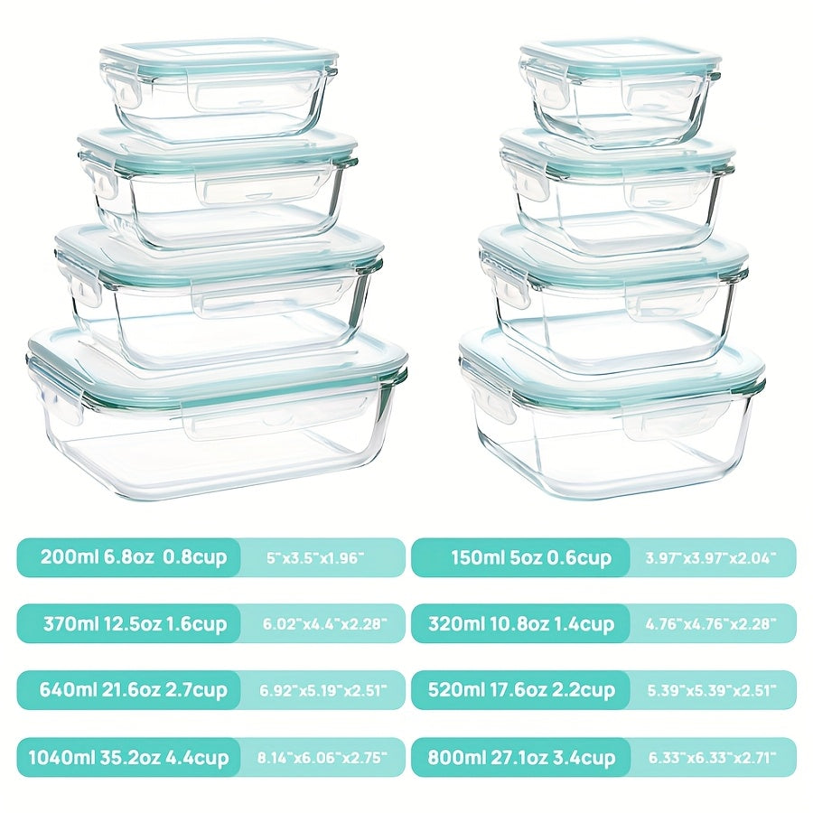 8pcs Borosilicate Glass Food Storage Containers with Leak-Proof Lids - Microwave, Oven & Dishwasher Safe, BPA-Free Stackable Rectangular Lunch Boxes for Leftovers, RV & Camping, Food Storage Organizer, Microwave Safe Containers, Secure Flip Lid Design,