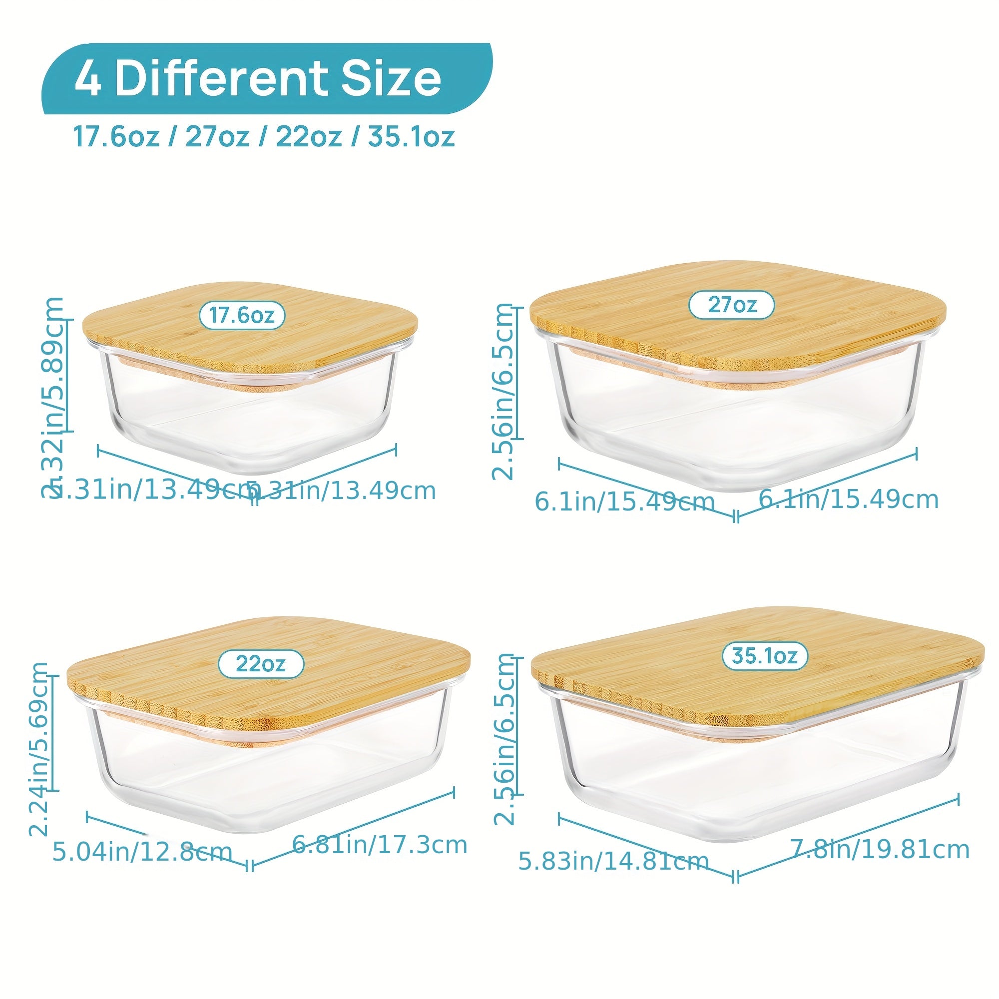 4-Pack Glass Food Storage Containers with Bamboo Lids - Microwave, Oven, Freezer, Dishwasher Safe - Stackable, Space-Saving Meal Prep Containers - 4 Sizes (35.1oz, 22oz, 27oz, 17.6oz) - BPA-Free, Leakproof for Lunch, Leftovers, Kitchen & Office - Glass