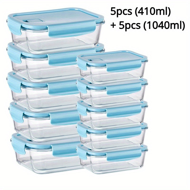 [Leak Proof, Glass Lunch Boxes] 20pcs Leak Proof Glass Lunch Boxes with Airtight Lids | 10 Sets, Microwave & Oven Safe, Food-Grade Borosilicate Glass, Stackable Bento Storage Containers for Refrigerator & Pantry Organization