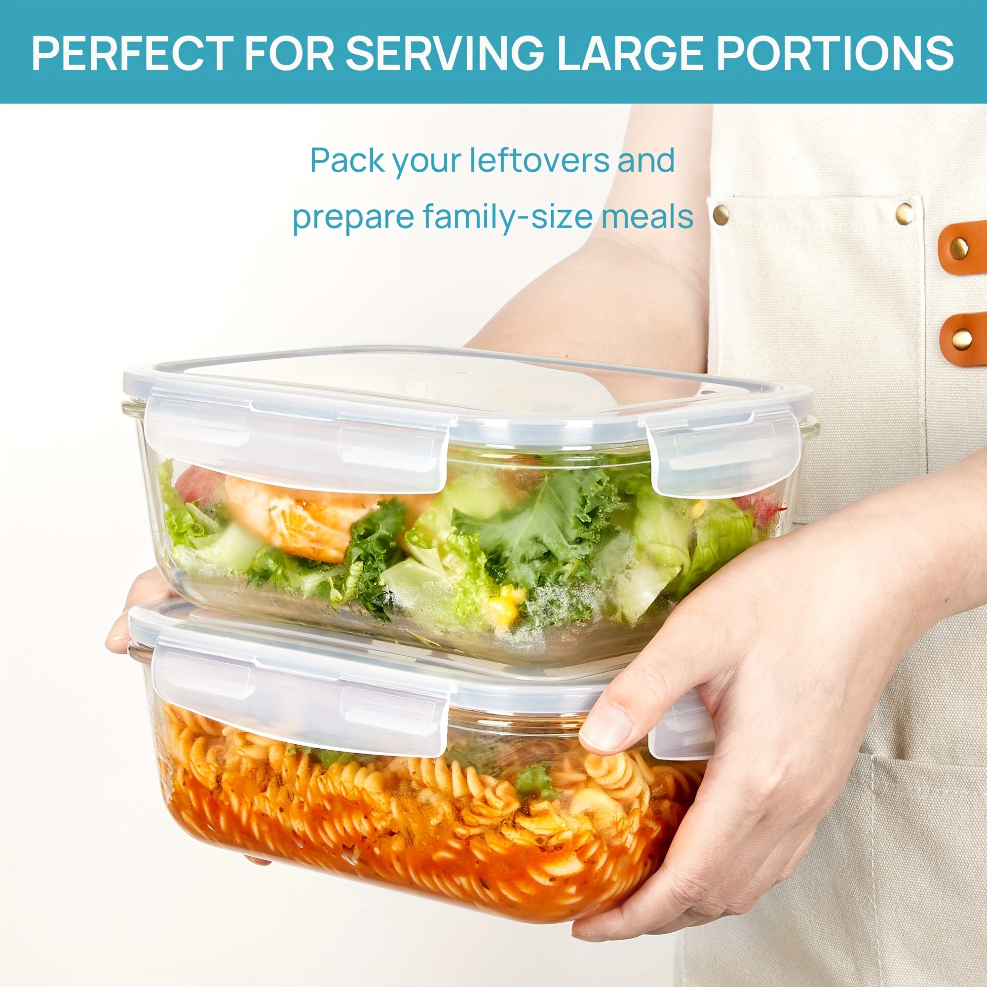 2 packs of 1860ml/ 63oz large glass storage containers with lids, pre meal food preparation container set with quick snap seal lid, used for baking, microwave, oven, leak proof, suitable for refrigerators, dishwashers