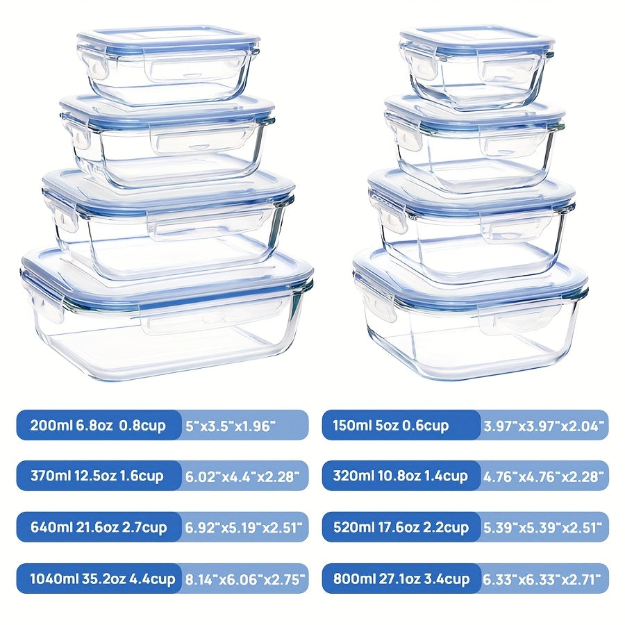 8pcs Borosilicate Glass Food Storage Containers with Leak-Proof Lids - Microwave, Oven & Dishwasher Safe, BPA-Free Stackable Rectangular Lunch Boxes for Leftovers, RV & Camping, Food Storage Organizer, Microwave Safe Containers, Secure Flip Lid Design,