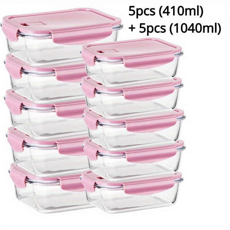 [Leak Proof, Glass Lunch Boxes] 20pcs Leak Proof Glass Lunch Boxes with Airtight Lids | 10 Sets, Microwave & Oven Safe, Food-Grade Borosilicate Glass, Stackable Bento Storage Containers for Refrigerator & Pantry Organization